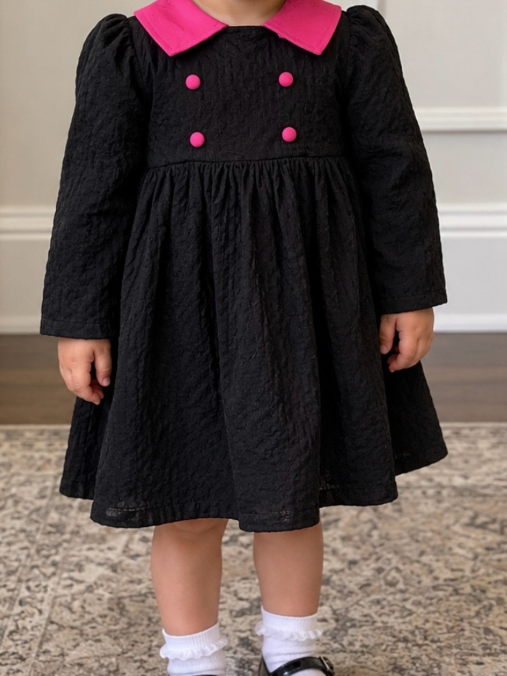 Girls' Black Dress with Hot Pink Peter Pan Collar